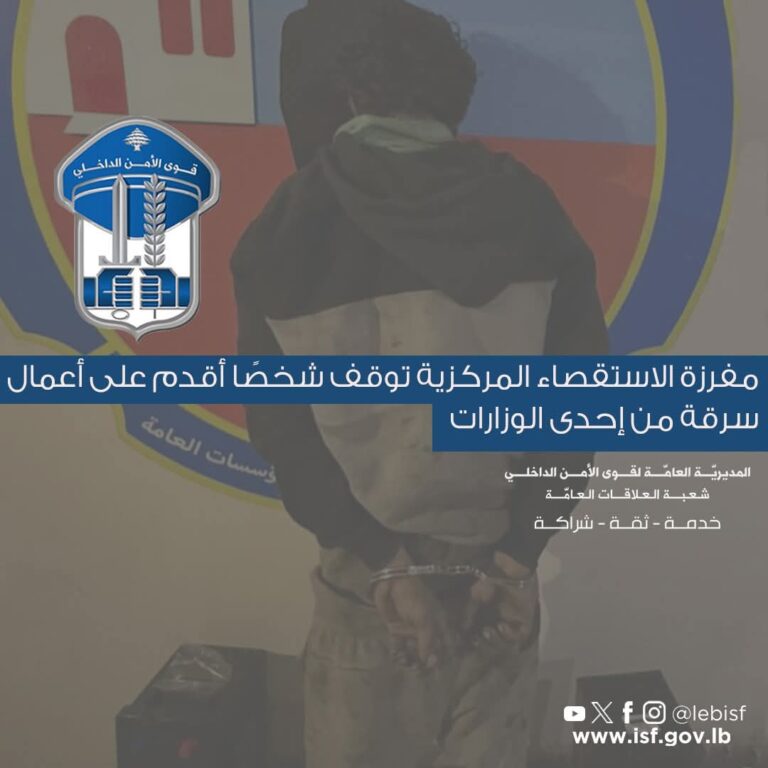 مفرزة الاستقصاء المركزية توقف شخصًا أقدم على أعمال سرقة من إحدى الوزارات